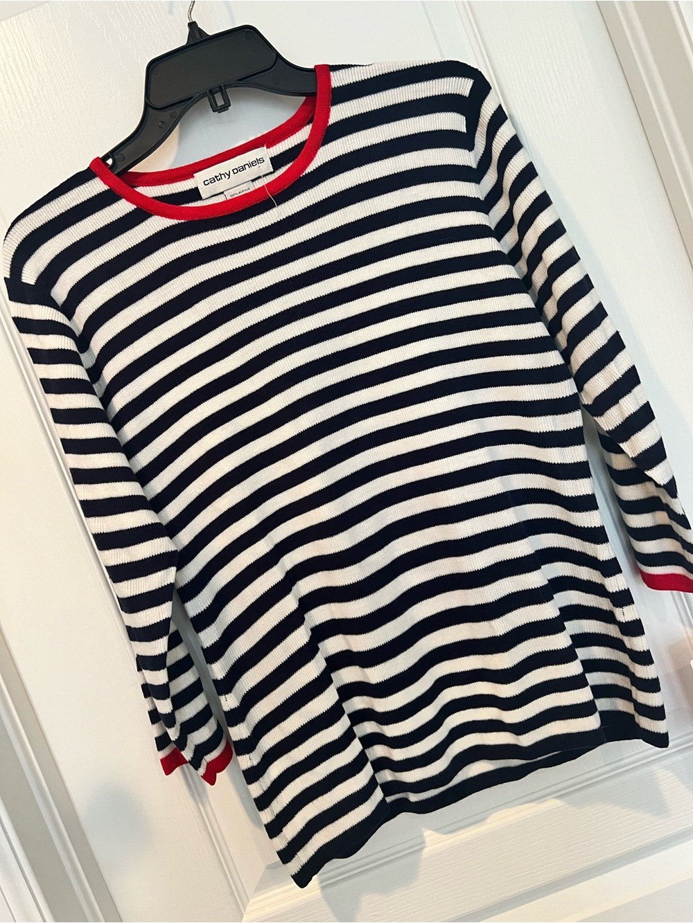 Cathy Daniels Navy & White Striped Sweater w/ Red Trim Fisherman Nautical Fun M